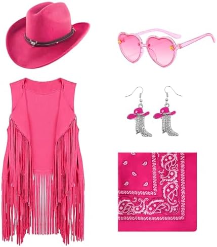 Cowgirl Outfits for Girls Kids 6 Pcs Western Costume Accessories Cowboy Hat Fringe Vest Earring for Halloween Party