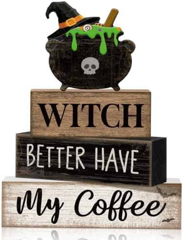 Lineshading 4 Pcs Halloween Coffee Table Decor Witch Cauldron Wooden Signs