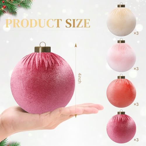 Liliful 12 Pcs Extra Large Velvet Christmas Balls Velvet Ornaments for Christmas Tree Flocked Shatterproof Xmas Tree Balls Bulk for Holiday Party Xmas Trees Hanging Decorations(4 Inch,Pink)