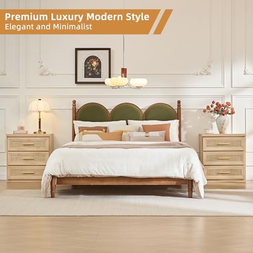 RWYHG Rattan Night Stand 3 Drawer Storage 26" Tall Wood with Gold Handle