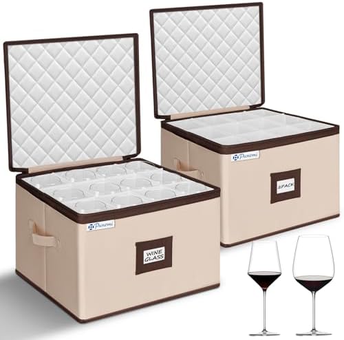 punemi Wine Glass Storage Box, 2-Pack Hard Shell Case with Padded Dividers