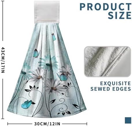 2 Pcs Teal Daisy Floral Hanging Kitchen Towels Turquoise Rustic Poppy Flower Butterfly Hand Towel with Hanging Loop Fast Drying Dish Washcloths Soft Absorbent Fingertip Bath Towel for Bathroom