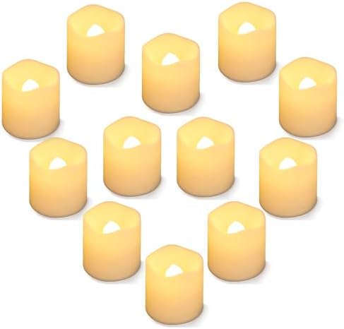 SHYMERY Flameless Votive Candles,Lasts 2X Longer,Battery Operated LED Tea Lights with Warm White Flickering Light,Small Electric Fake Tea Candle Realistic for Wedding,Table,Outdoor,Pack of 12