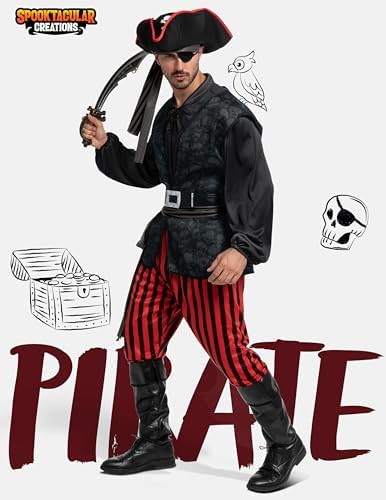 Spooktacular Creations Men Pirate Costume, Adult Pirate Shirt Vest Viking Pants Hat Set for Halloween Themed Parties