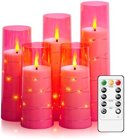 kakoya Flameless LED Candles with Timer 5 Pc Flickering Flameless Candles for Romantic Ambiance and Home Decoration Stable Acrylic Shell,with Embedded Star String，Battery Operated Candles(Pink)