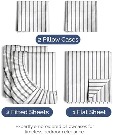 Split King Size 5 Piece Sheet Set - Breathable & Cooling - Grey Stripes