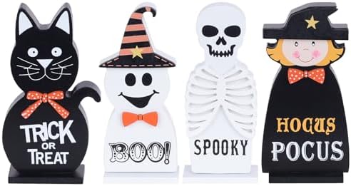 Halloween Decorations Indoor, DECSPAS 4 PCS Wood Blocks Halloween Table Decor, Ghost Black Cat Skull Witch Gothic Tabletop Ornaments, Hocus Pocus Decorations for Home, Tiered Tray, Shelf, Mantel