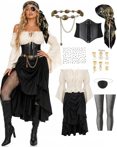 9 PCS Pirate Costume Women Set, Skirt Renaissance Halloween Outfit