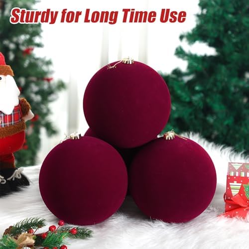 Hollowfly 4 Pcs 8 Inch Extra Large Velvet Christmas Balls Oversized Huge Big Christmas Tree Ornaments Balls for Family Holiday Xmas Tree Hanging (Red)