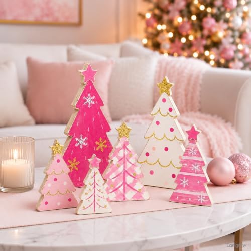 Christmas Table Decorations Pink White Wood Xmas Trees Tiered Tray Decor