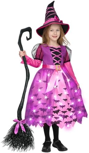 Spooktacular Creations Light Up Polka Dots Witch Tutu Costume for Girls Toddlers Starry Witch Dress with Magic Hat and Broom