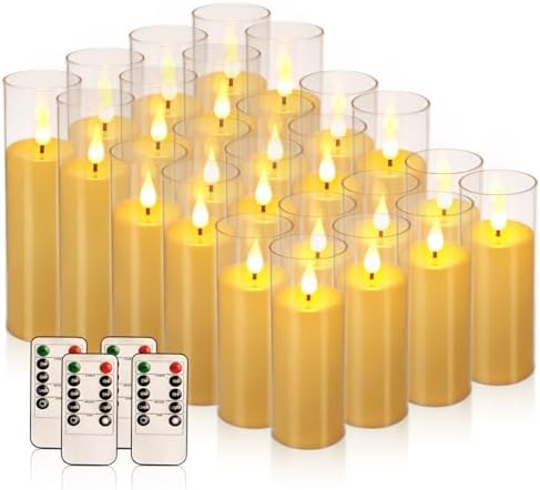 YOROXRG Flickering Flameless Candles Battery Operated with Remote,Led Pillar Candles with Realistic Moving Wick Candles for Halloween,Christmas,Home Decor Pack of 24 (D2.2 xH 5" 6" 7")(Ivory)