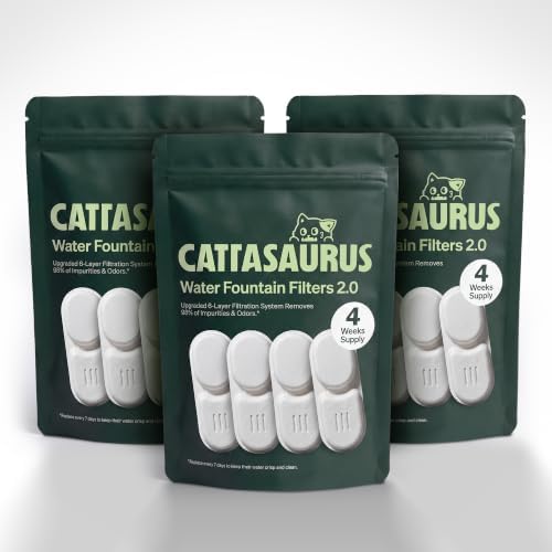 Cattasaurus Quarterly Filter Refills, Patent-Pending 6-Layer Filtration System for Wireless Stainless Steel Cat Water Fountain, Automatic Water Dispenser for Cats (White, 90-Day Supply)