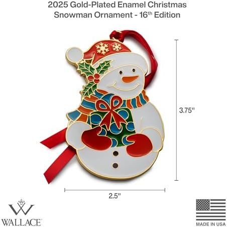 Wallace Wonders of Christmas Gold-Plated Enamel Ornament 2025-16th Edition Annual Collectible Series - Snowman Holiday Motif with Gift Box and Velvet Pouch