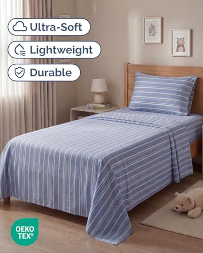Twin Size 3 Piece Sheet Set - Breathable & Cooling Sheets - Blue Stripes