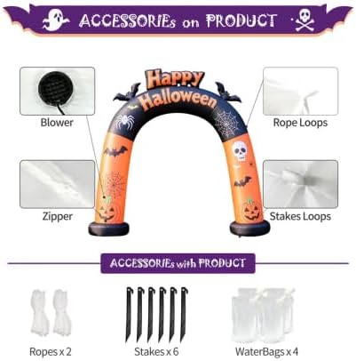 DomKom 8FT Long Halloween Inflatable Archway, Happy Halloween Blow Up Arch with Built-in LED Lights, Pumpkin, Skull, Bat Decor, Outdoor Inflatable Yard Lawn Garden Halloween Party Decorations