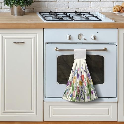 Tulip Kitchen Towels with Loops Spring Floral Tulips Lavender Hanging Hand Towel Set of 2 Summer Flower Butterfly Dish Towels Washcloths Super Absorbent Soft Hang Towel Bath Tie Towel