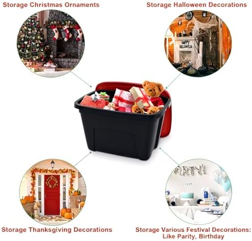 SIMPLYKLEEN 4-Pack Christmas Storage Bins with Lids - Made in USA 18-Gallon(72-Quart)Red Storage Totes,Holiday Organizer,Plastic Stackable Large Storage Boxes for Home,Office,Garage,Basement Red/Black