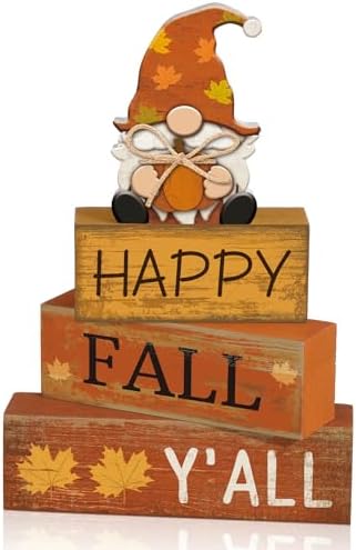 Lineshading 4 Pcs Fall Table Decor Wooden Block Signs with Gnome Set