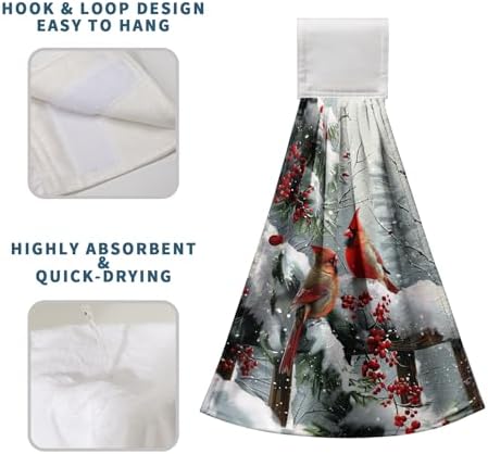 Winter Cardinal Hanging Kitchen Towels Christmas Red Birds Snow Holly Hand Towels with Hanging Loop Xmas Oven Stove Dish Towels Soft Absorbent Bath Tie Towel for Farmhouse Decor Set of 2