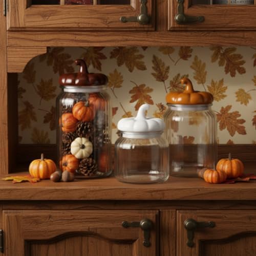 Mimorou 3 Set Fall Glass Jar with Pumpkin Lid Fall Clear Candy Jar Food Storage Canister with Airtight Ceramic Lid for Thanksgiving Party Tea Cookie Table Decoration (White, Brown, Light Brown,Autumn)
