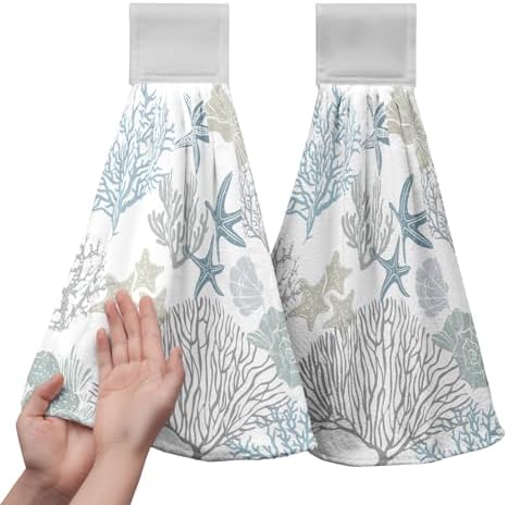 Nautical Blue Coral Hanging Hand Towels Set of 2 Coastal Seashell Starfish Kitchen Towels with Hanging Loop Ocean Beach Theme Bath Towels Soft Absorbent Fingertip Dish Tie Towel for Bathroom