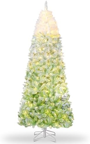 GarveeHome 7.5 ft Prelit Artificial Christmas Tree with RGB & Warm White Lights, Pre-Lit Snow Flocked Pencil Christmas Tree, Foldable Base,Holiday Decoration for Home, Office, Party,Green Gradient
