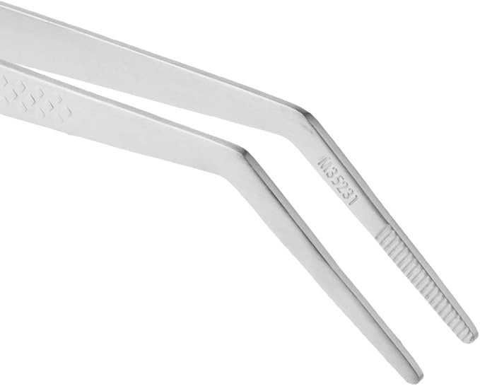 Mercer Culinary 18-8 Stainless Steel Precision Plus Chef Plating Tong, Curved Tip, 9-3/8 Inch