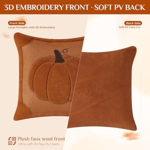 Softalker Fall Throw Pillow Covers 18x18 Set of 2 Rust Orange Pumpkin Plush