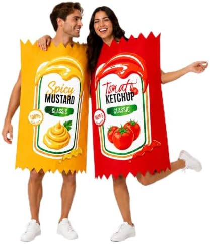 2 Set Ketchup and Mustard Couple's Halloween Costume Set for Adults
