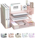 WALI Desk File Organizer, 4 Tier Desktop Paper Letter Tray Organizer with Drawer and 2 Pen Holders, Office Desk Accessories & Workspace Organizers for Office, Home Supplies(DO005DH-P), 1 Pack, Pink