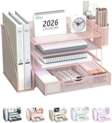 WALI Desk File Organizer, 4 Tier Desktop Paper Letter Tray Organizer with Drawer and 2 Pen Holders, Office Desk Accessories & Workspace Organizers for Office, Home Supplies(DO005DH-P), 1 Pack, Pink
