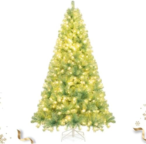 HAPPYGRILL 7.5 FT Pre-lit Tinsel Christmas Tree Artificial Xmas Tree with 550 LED Lights, 8 Modes, 1300 Fruit Green Branch Tips, Folding Metal Stand, Seasonal Holiday Tree for Home Office Party