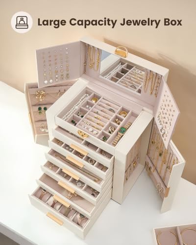 Lolalet Large Jewelry Box, 7-Layer Jewelry Organizer with 6 Drawers -Beige