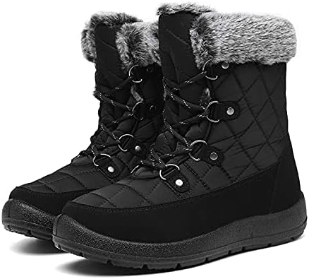 JSWEI Winter Boots for Women - Soft Comfortable Faux Fur Mid Calf Winter Snow Boots Totes Boots Lace up Snow Boots Winter Boots with Insulated Black for Outdoor