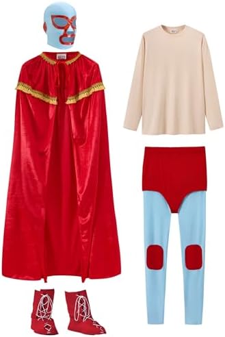 Mainfini 5 Pcs Nacho Libre Costume Adult Men Mexican Wrestler Outfit Funny Tshirt Mask Cape Tights Boot Cover (S-3XL)