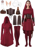 10 Pcs Women Renaissance Halloween Fairy Costume Medieval Hooded Elf Dress