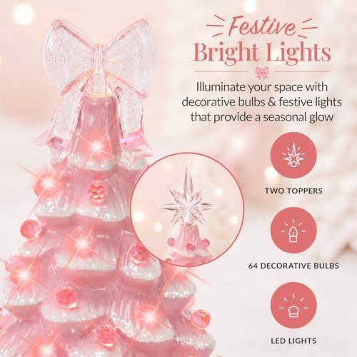 Best Choice Products 15in Ceramic Christmas Tree, Pre-lit Hand-Painted Tabletop Pinkmas Holiday Tree, Star Topper, 64 Lights - Pink w/Pink Bulbs