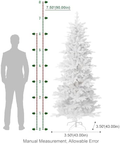 Glitzhome 7.5ft Prelit Artificial Christmas Tree, Slim White Frostfall Fir Xmas Tree with 360 Warm White & Multi-Color Lights, 1,486 Branch Tips, Flocked Christmas Tree for Indoor Holiday Spaces