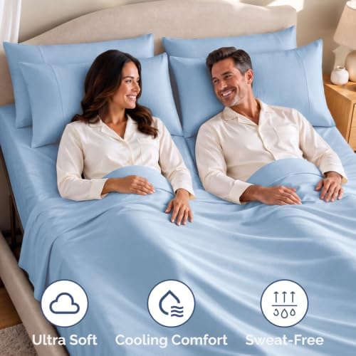 Flex Top Split Head King 4 Piece Sheet Set - Soft & Breathable - Sky Blue