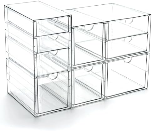 Prsildan Acrylic Drawer Makeup Organizer with 9 Drawers, Set of 3 Office Desk Organizers Accessories, Clear Stackable Storage Drawers for Vanity, Countertop, Craft, Jewelry, Art Supply Organization