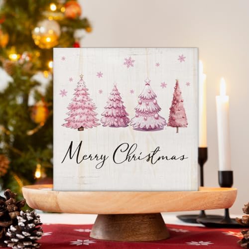 Merry Christmas Decorations - Pink Christmas Tree Wooden Sign