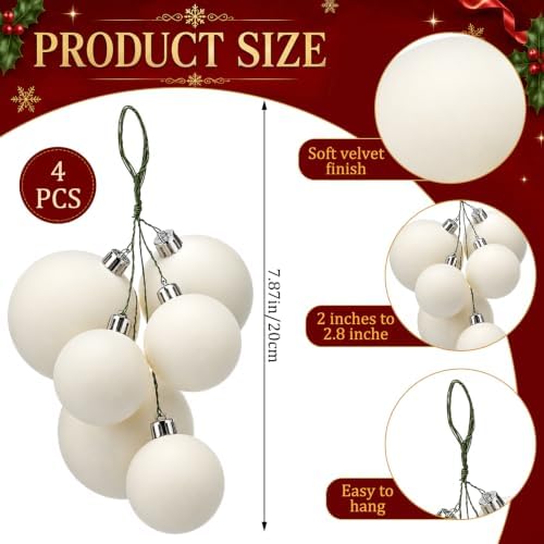 Roowest 4 Sets Large Velvet Christmas Ball Clusters Ornaments White Decor