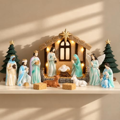 Christmas Nativity Scene Set with LED Lights,Indoor Christmas Decorations