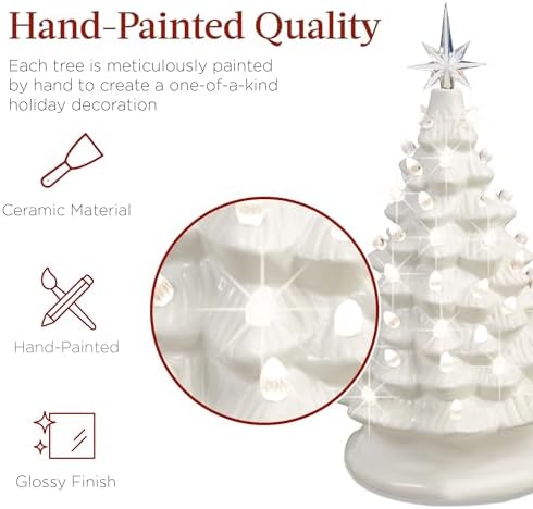 Best Choice Products 15in Ceramic Christmas Tree, Pre-lit Hand-Painted Tabletop Holiday Tree, 2 Star Toppers, 64 Lights - White w/Warm White Bulbs