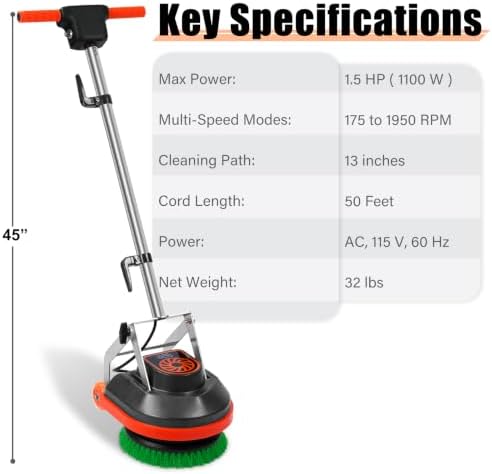HHQ Commercial Floor Scrubber Machine, 13" Heavy Duty Orbital Floor Cleaner Buffer and Polisher- Deep Cleaning Hard Floors and Carpets with Ease, 3 Brushes & 3 Cleaning Pads, Orb-6