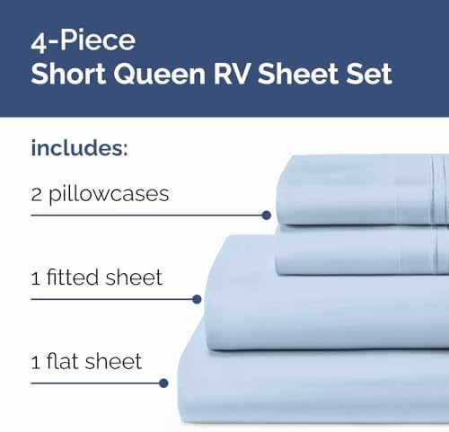 Short Queen Size 4 Piece Bed Sheet Set - RV Short Queen Sheets - Sky Blue