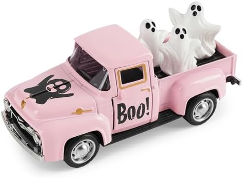 Pink Halloween Truck Decor, Ghost Pickup for Farmhouse Tabletop Decor