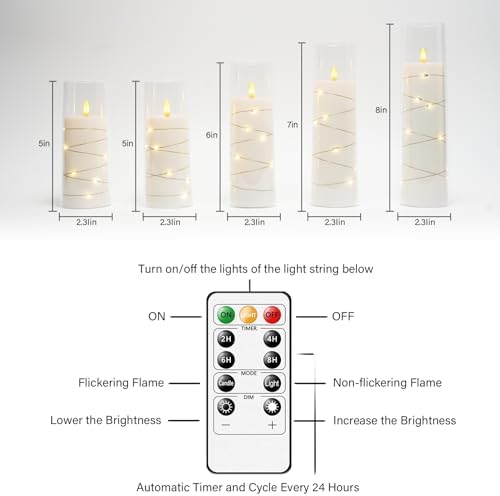 kakoya Flameless LED Candles with Timer 5 Pc Flickering Flameless Candles for Romantic Ambiance and Home Decoration Stable Acrylic Shell,with Embedded Star String，Battery Operated Candles（White）