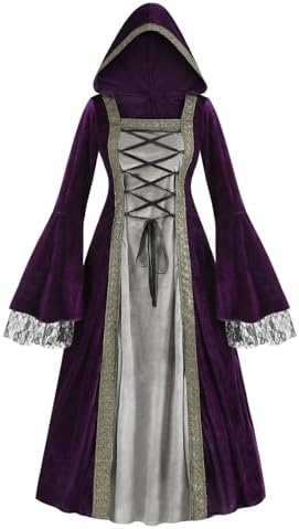 Colorful House Women Hooded Medieval Renaissance Dress Halloween for Adult